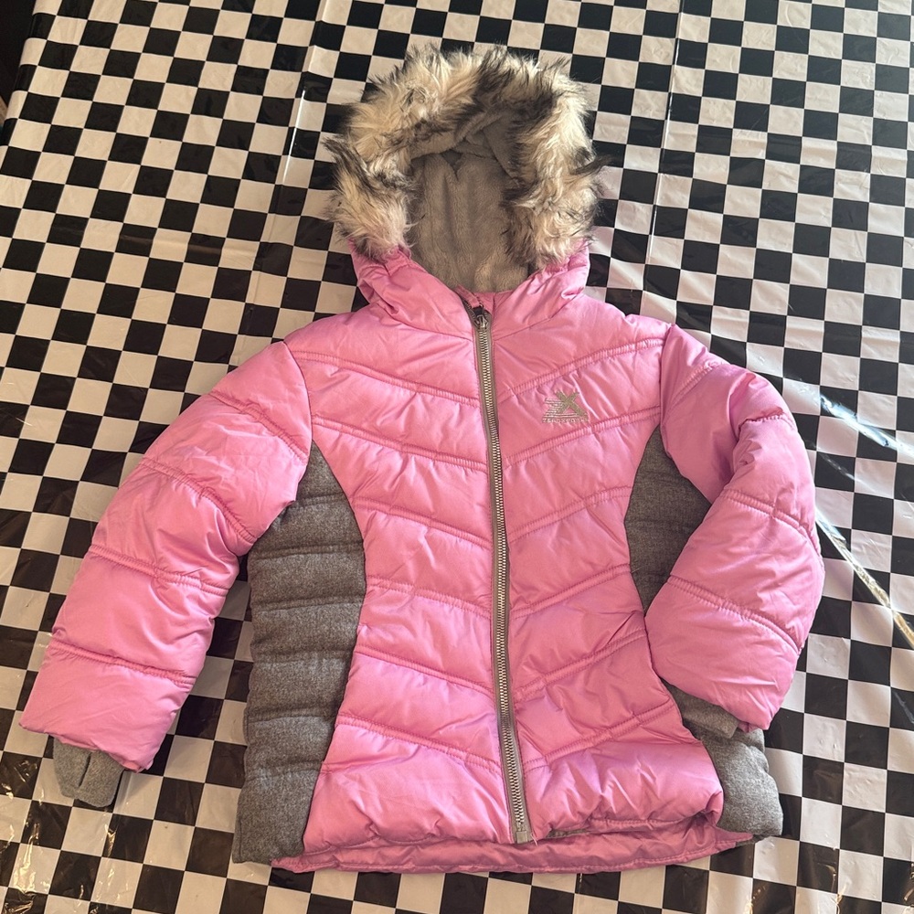 Pink and Gray Hooded Puffer Jacket